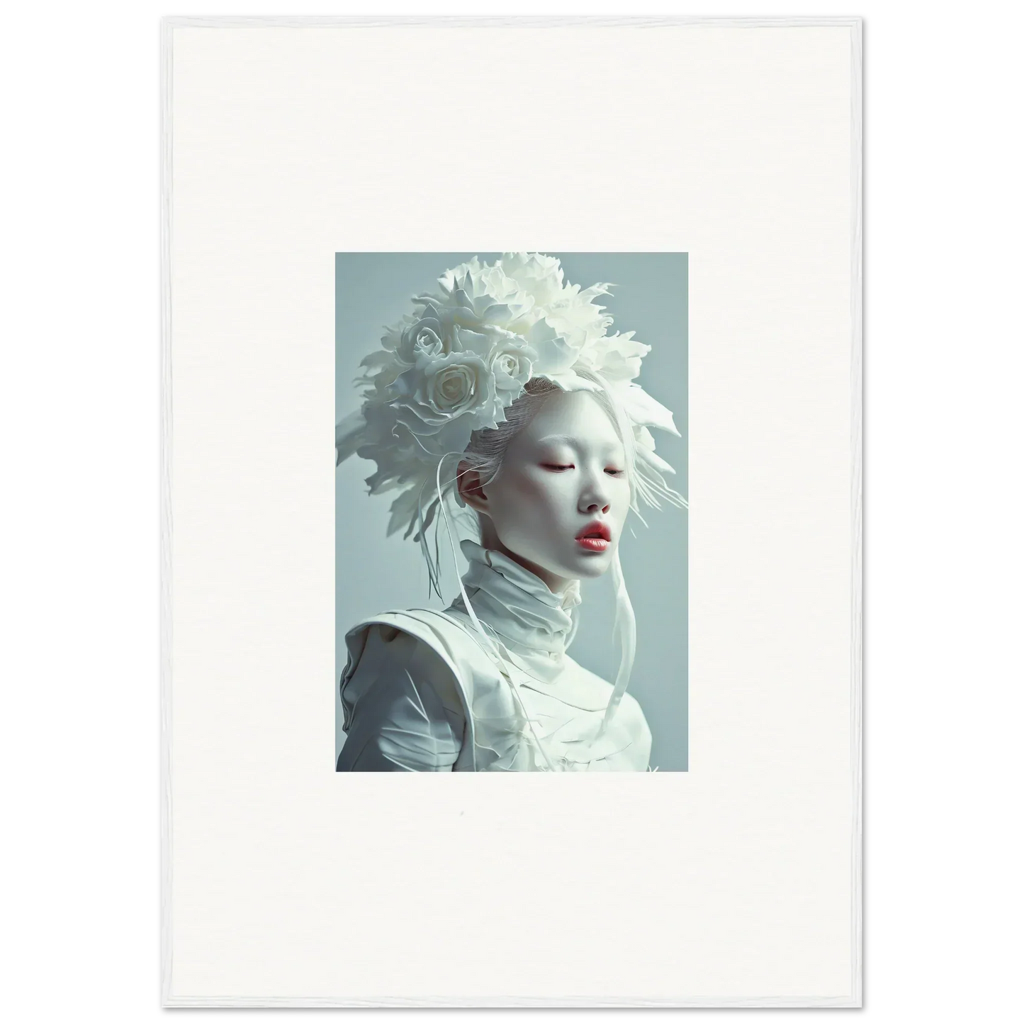 Portrait of a person in a stunning white headdress for Ethereal Petal Visions canvas print