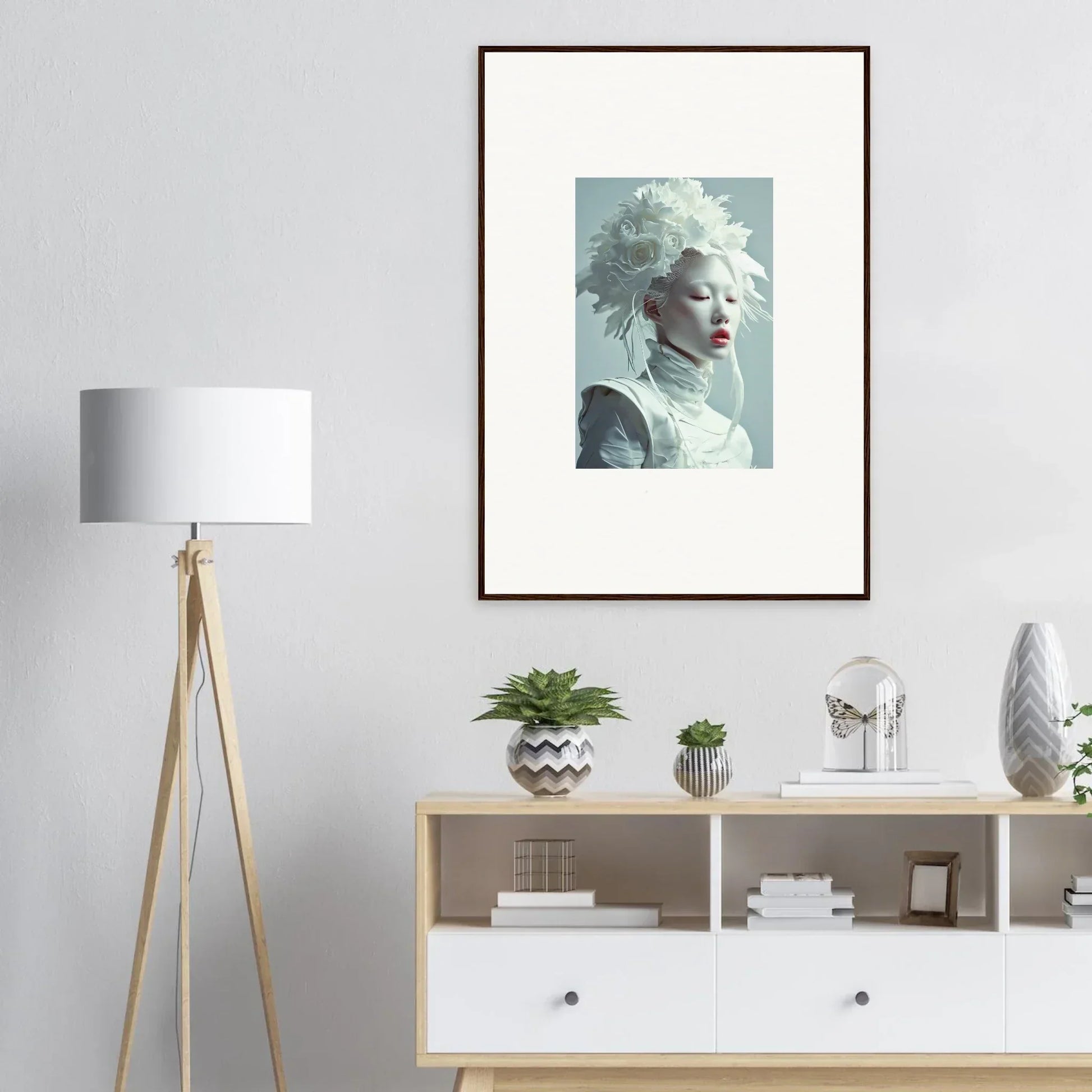 Framed canvas print of a person with a stunning white headdress for petal visions room decoration