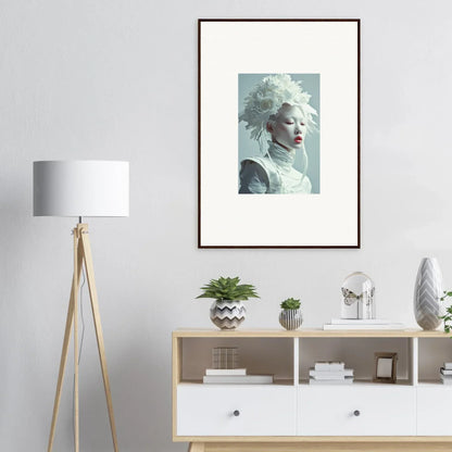 Framed canvas print of a person with a stunning white headdress for petal visions room decoration