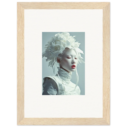 Framed canvas print of a person in pale makeup with a white headdress for petal visions decor