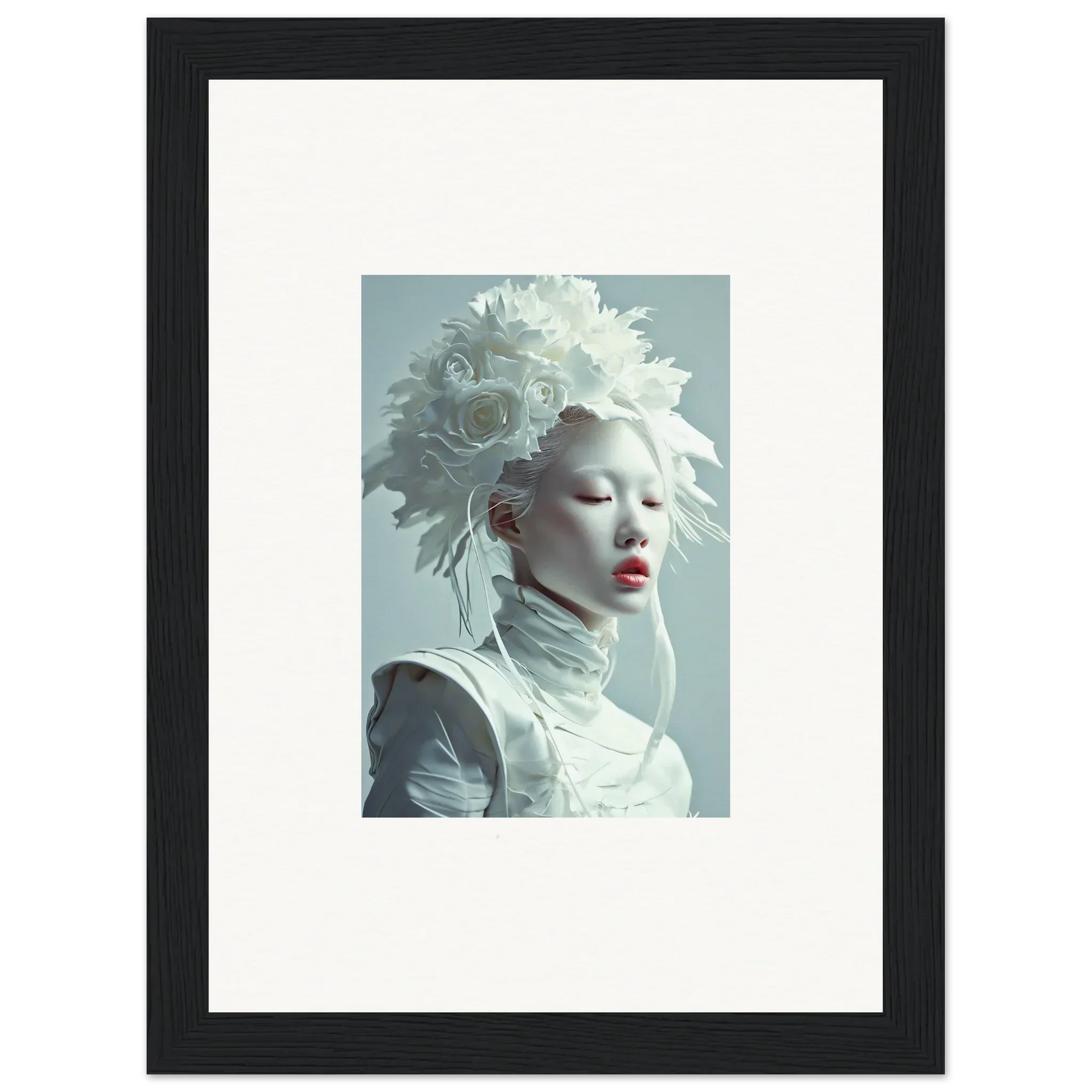 Framed canvas print of a person in a white headdress for your Ethereal Petal Visions room decoration