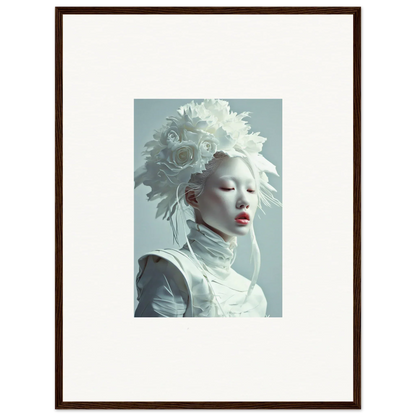 Framed canvas print of a person with white makeup and feathered headdress for petal visions