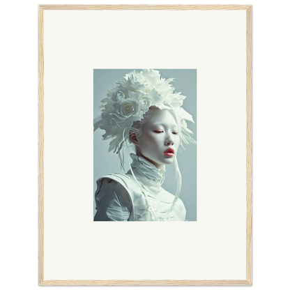 Framed canvas print of a person in white makeup with a floral headdress for petal visions room decoration