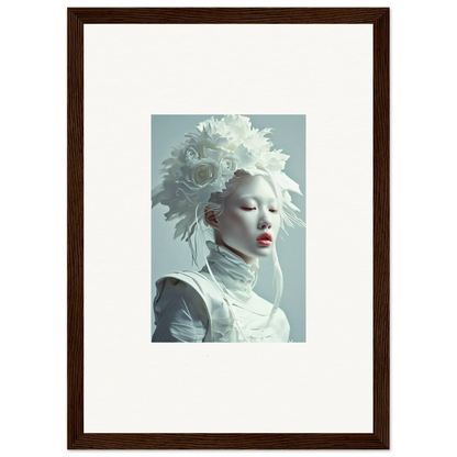 Pale-skinned person in white feathered headdress, perfect for Petal Visions canvas print