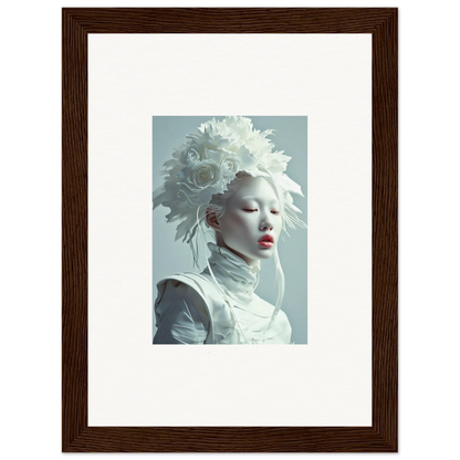 Framed portrait of a person in white makeup and feathered headdress for room decoration