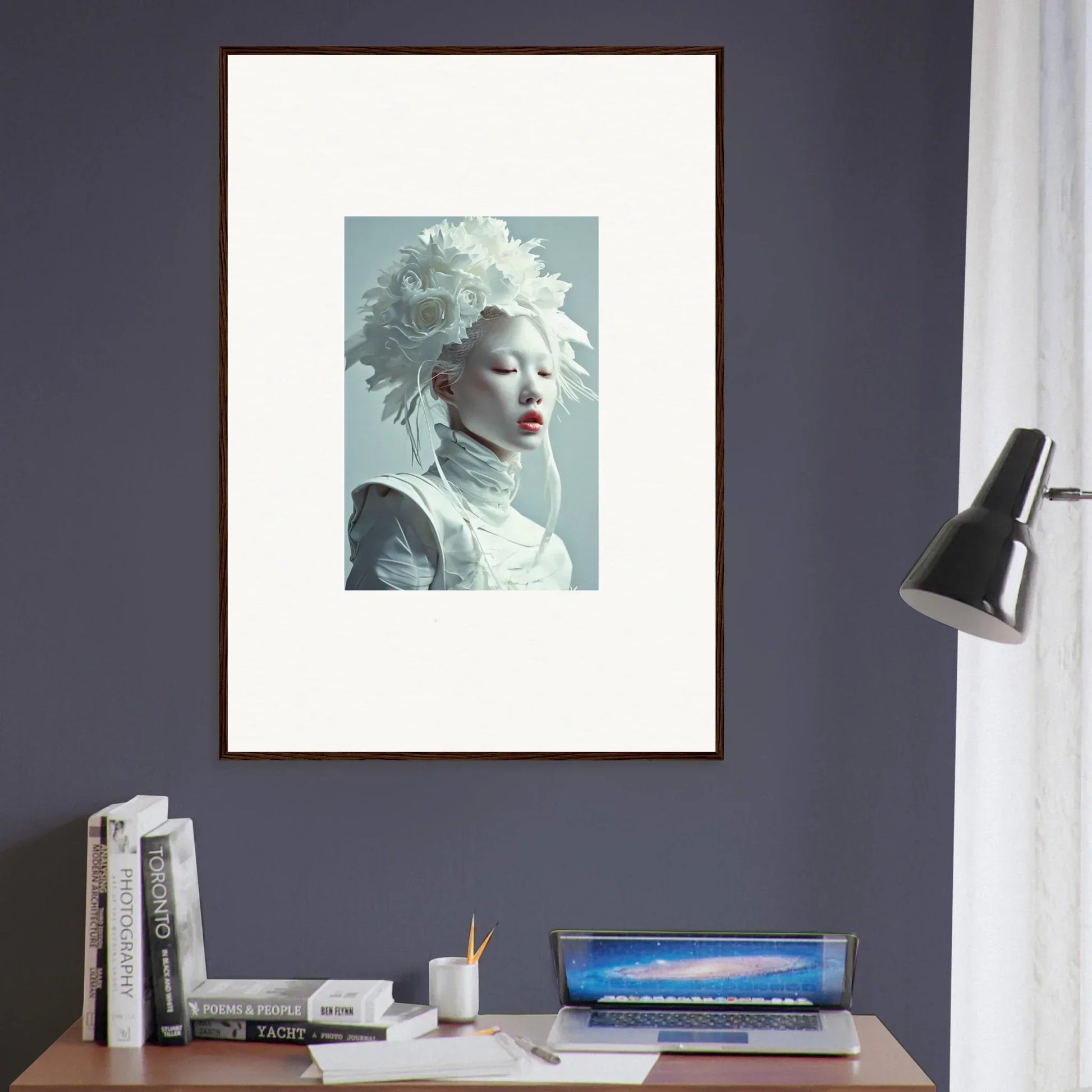 Framed canvas print of a person with white hair, perfect for petal visions room decoration