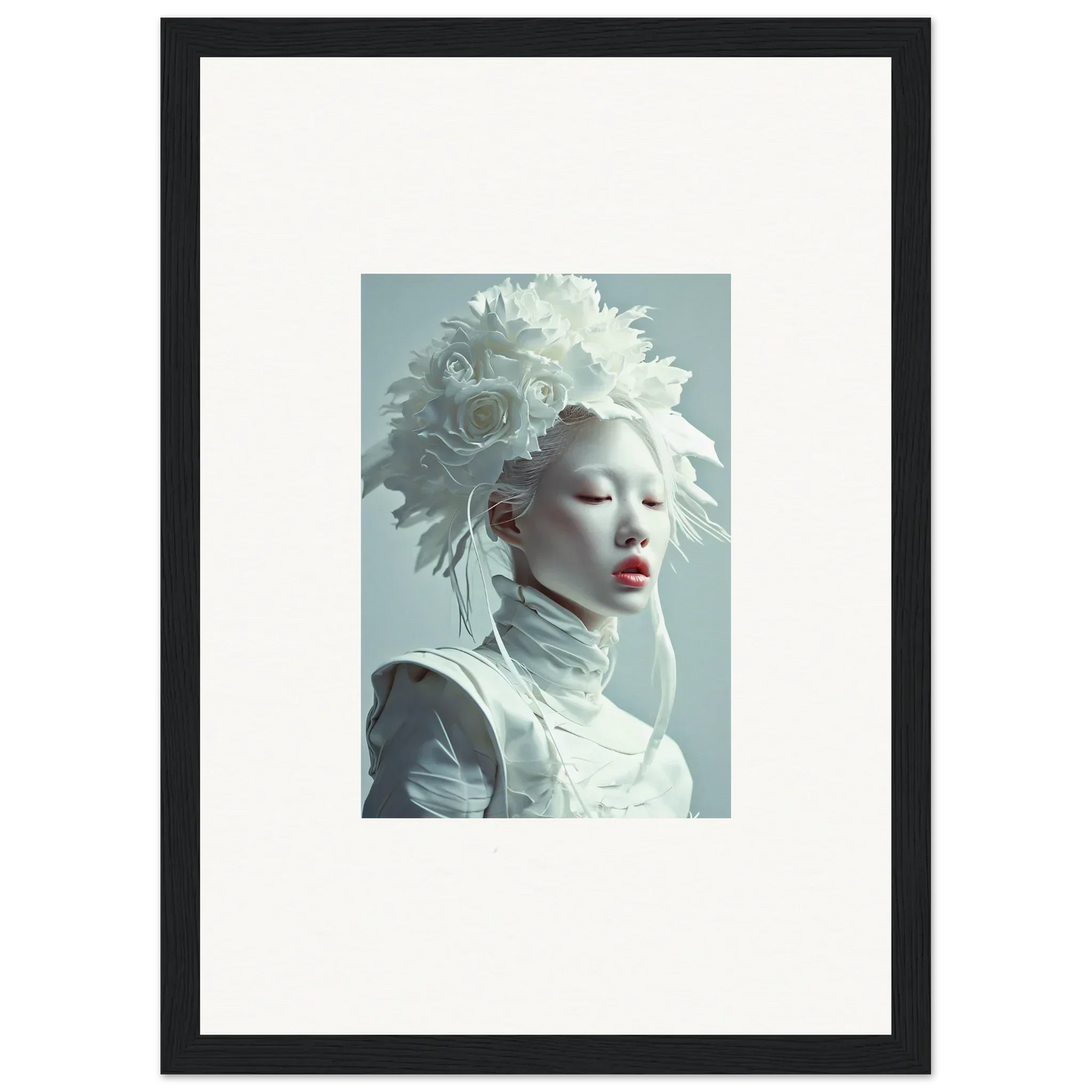 Framed portrait of a person in white headdress for stylish room decoration, Petal Visions canvas print