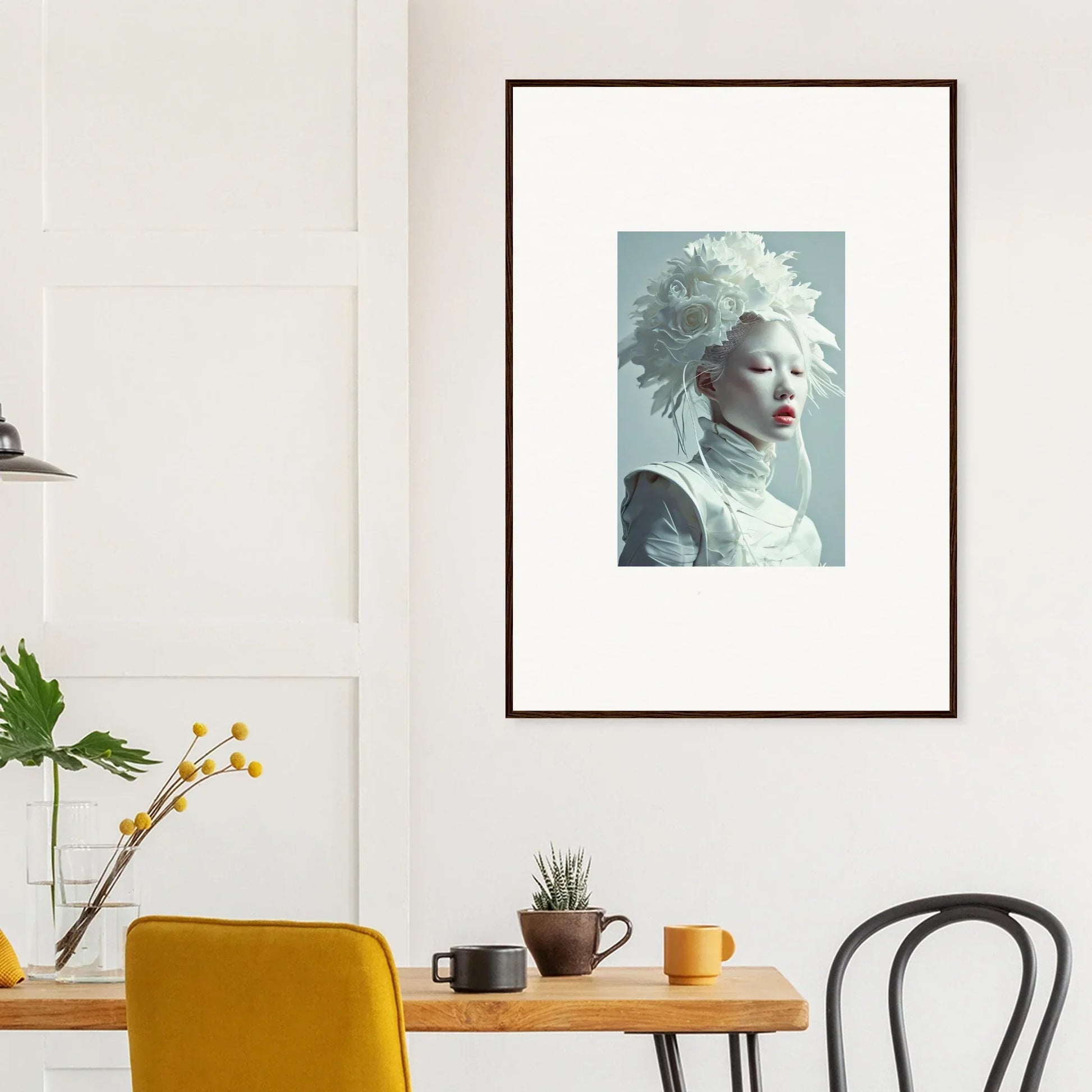 Framed portrait of a person with white hair for your Ethereal Petal Visions room decoration