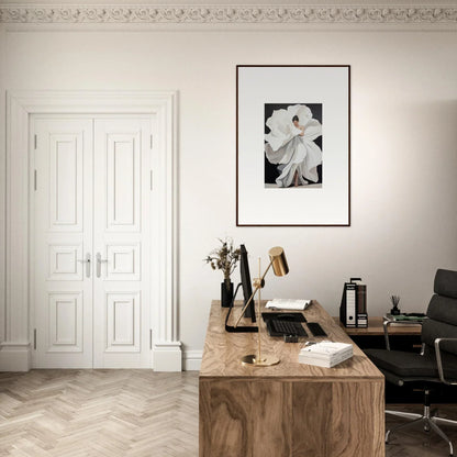 Elegant home office with wooden desk and Ethereal Petal Whispers canvas print decor