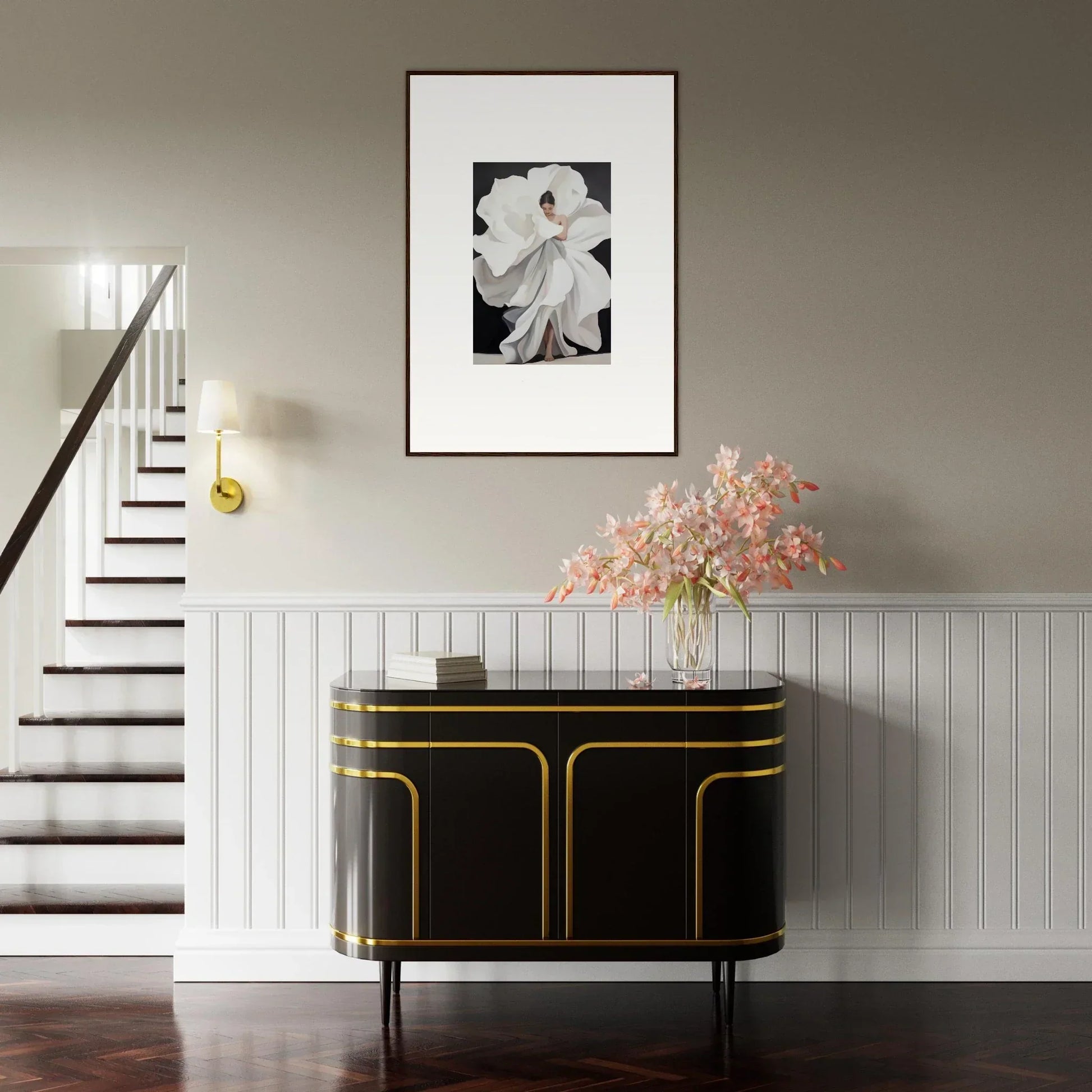 Elegant black sideboard with gold trim and pink flowers for chic room decoration