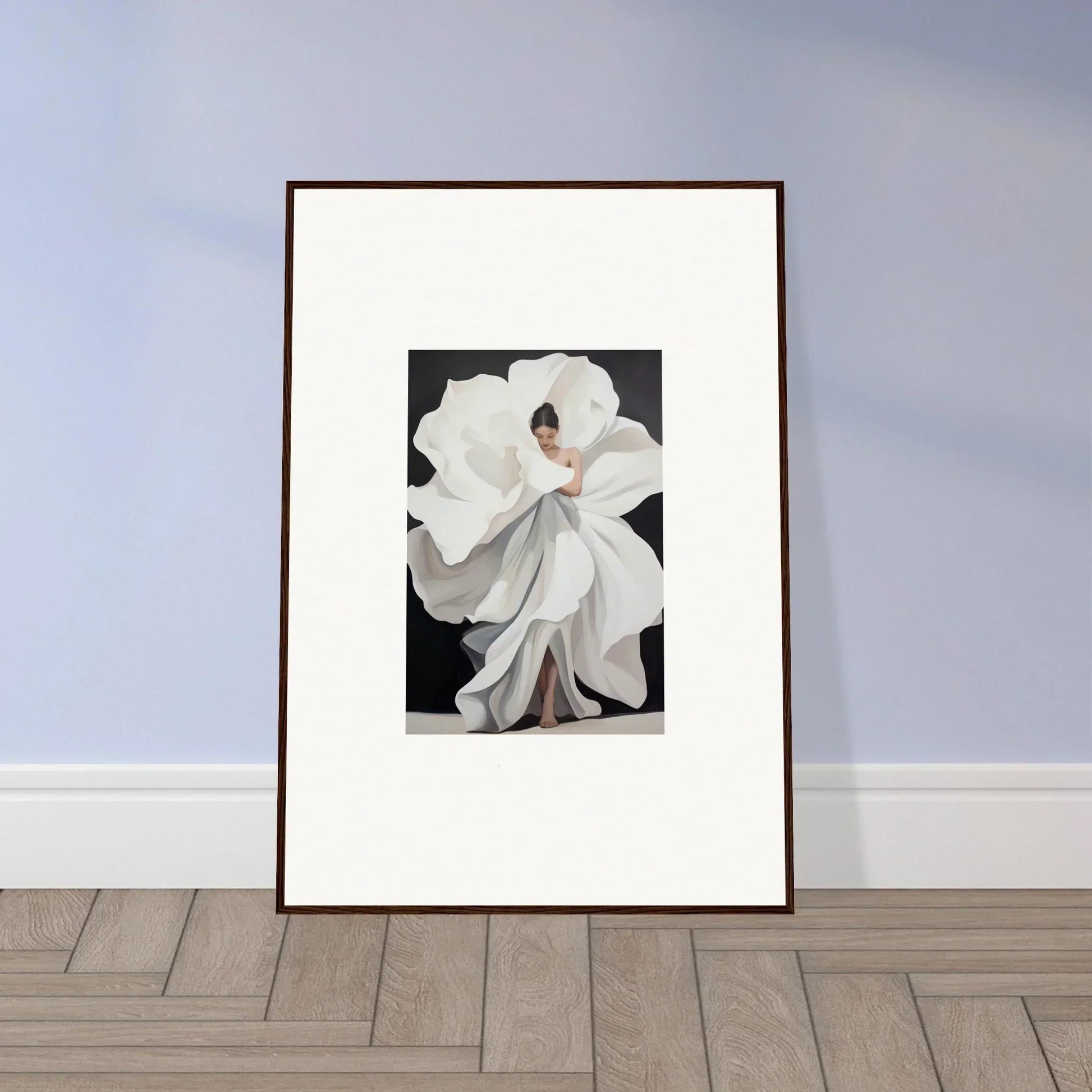 Framed canvas print of a person in a dreamy white dress for room decoration