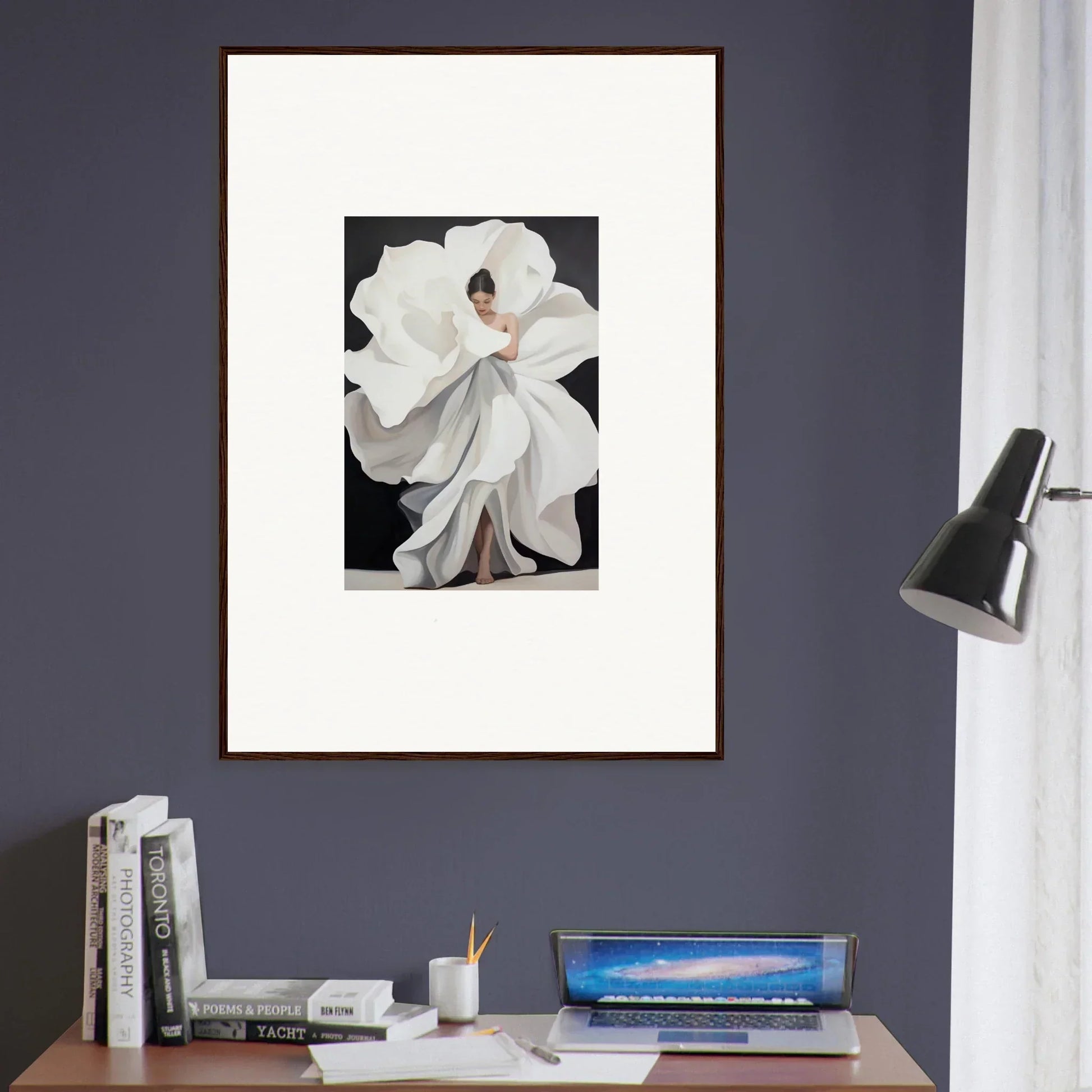 Framed canvas print of a figure in a white dress, perfect for a petal whispers vibe in room decoration