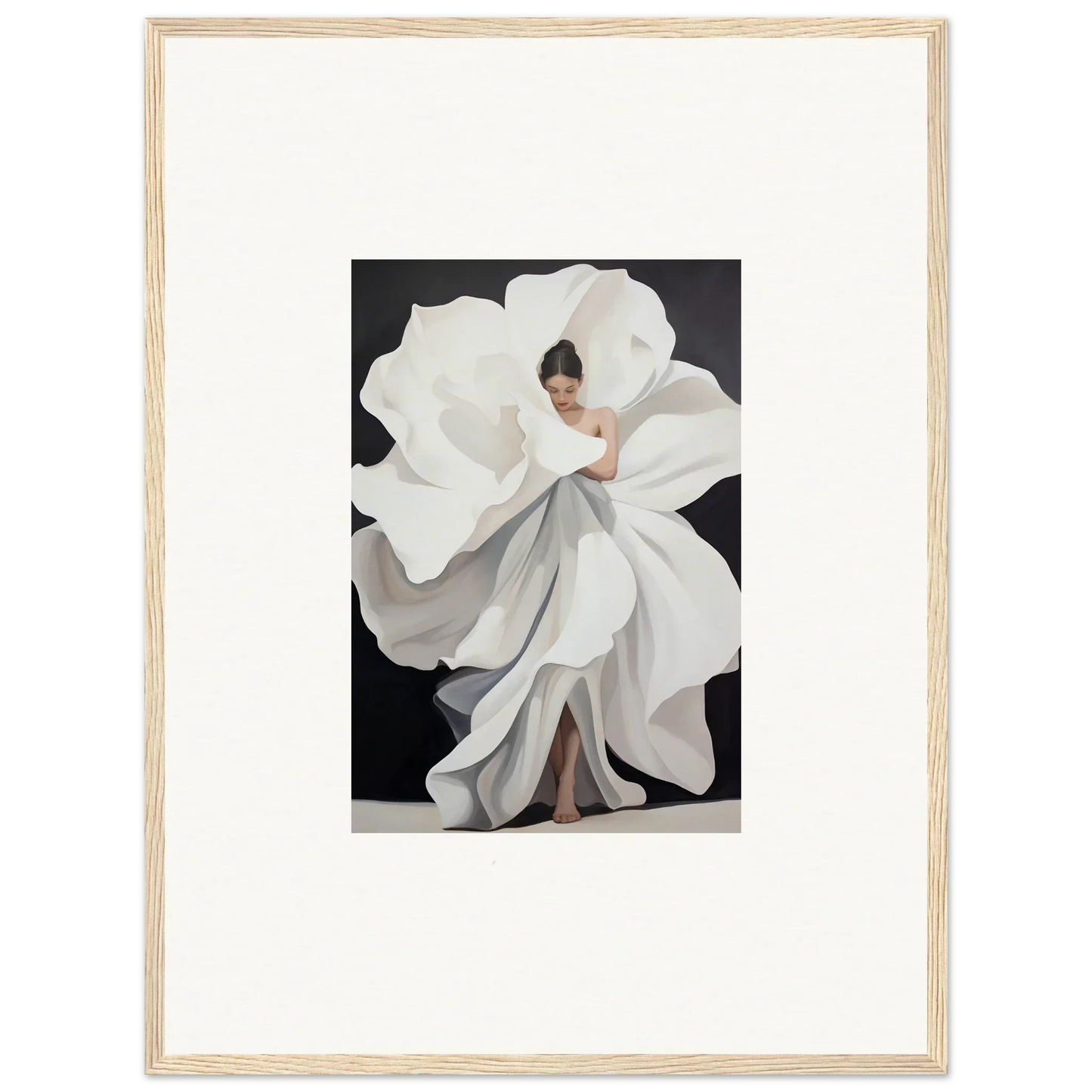 Framed canvas print of a woman in a flowing dress, perfect for petal whispers room decoration