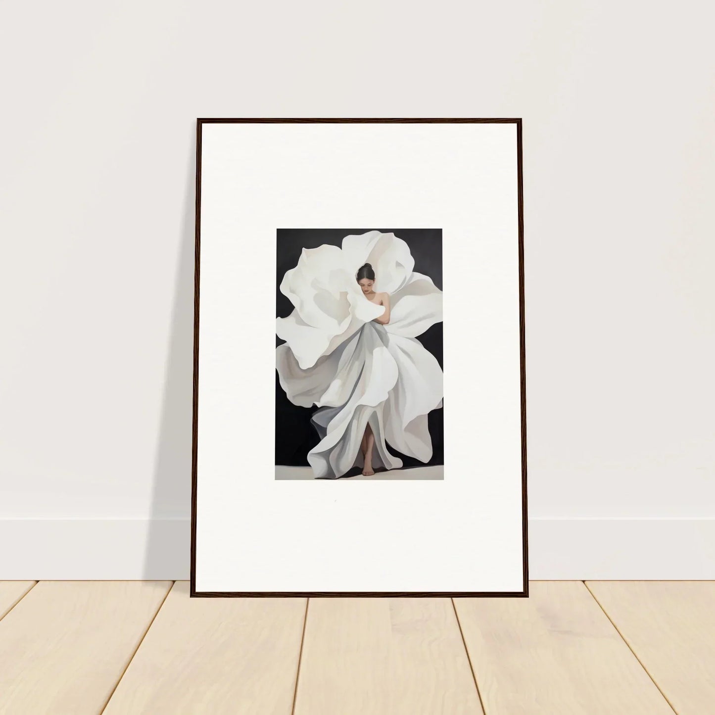 Framed canvas print of a person in a white dress, perfect for room decoration and petal whispers