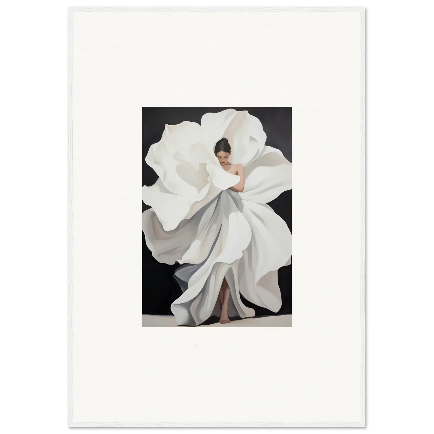 Woman in a flowing white dress like a giant petal, perfect for Petal Whispers canvas print