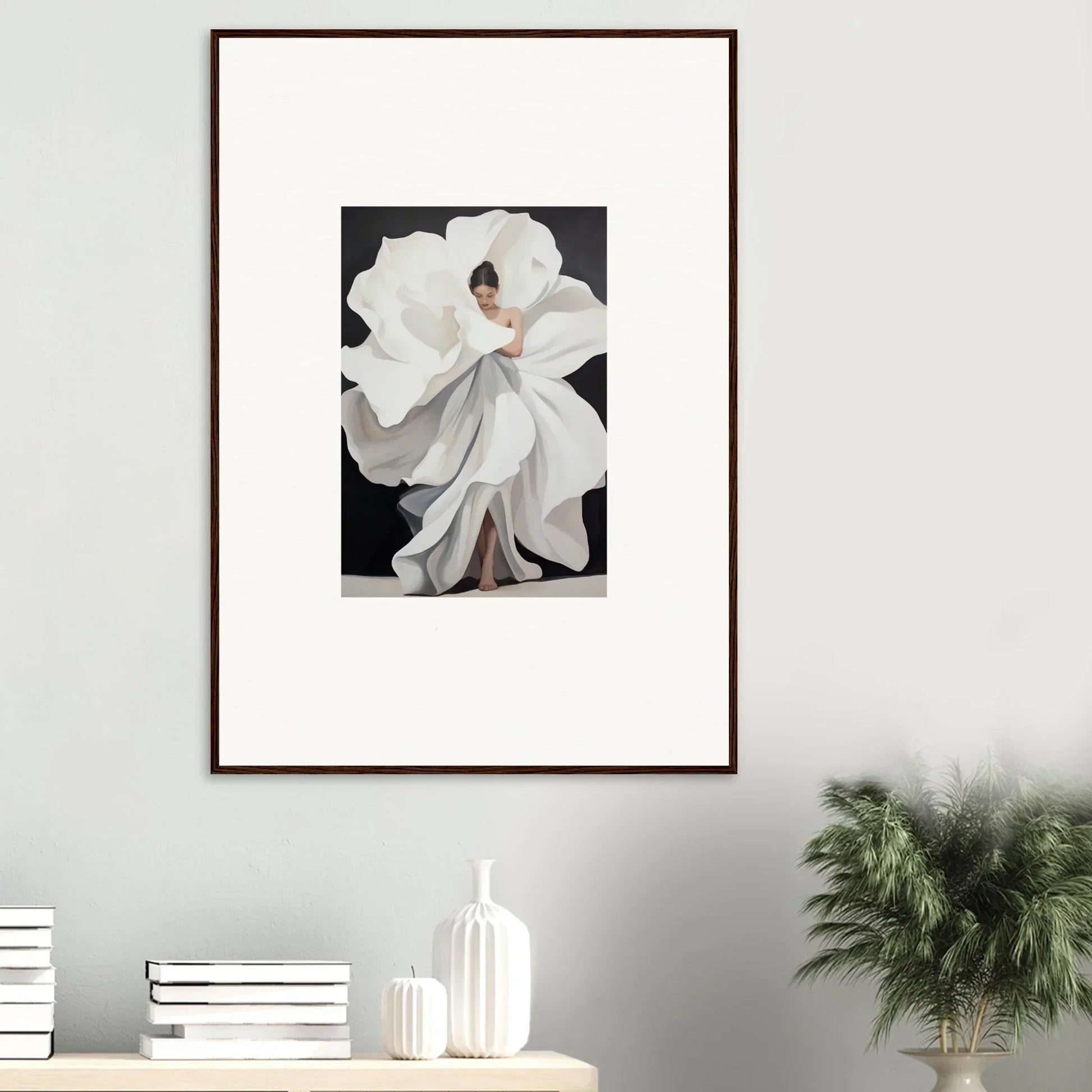 Framed canvas print of a person in a white dress like petal whispers for room decoration