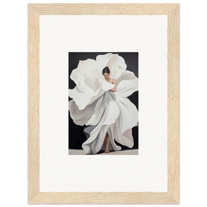 Framed canvas print of a person in a flower-like white dress, perfect for room decoration