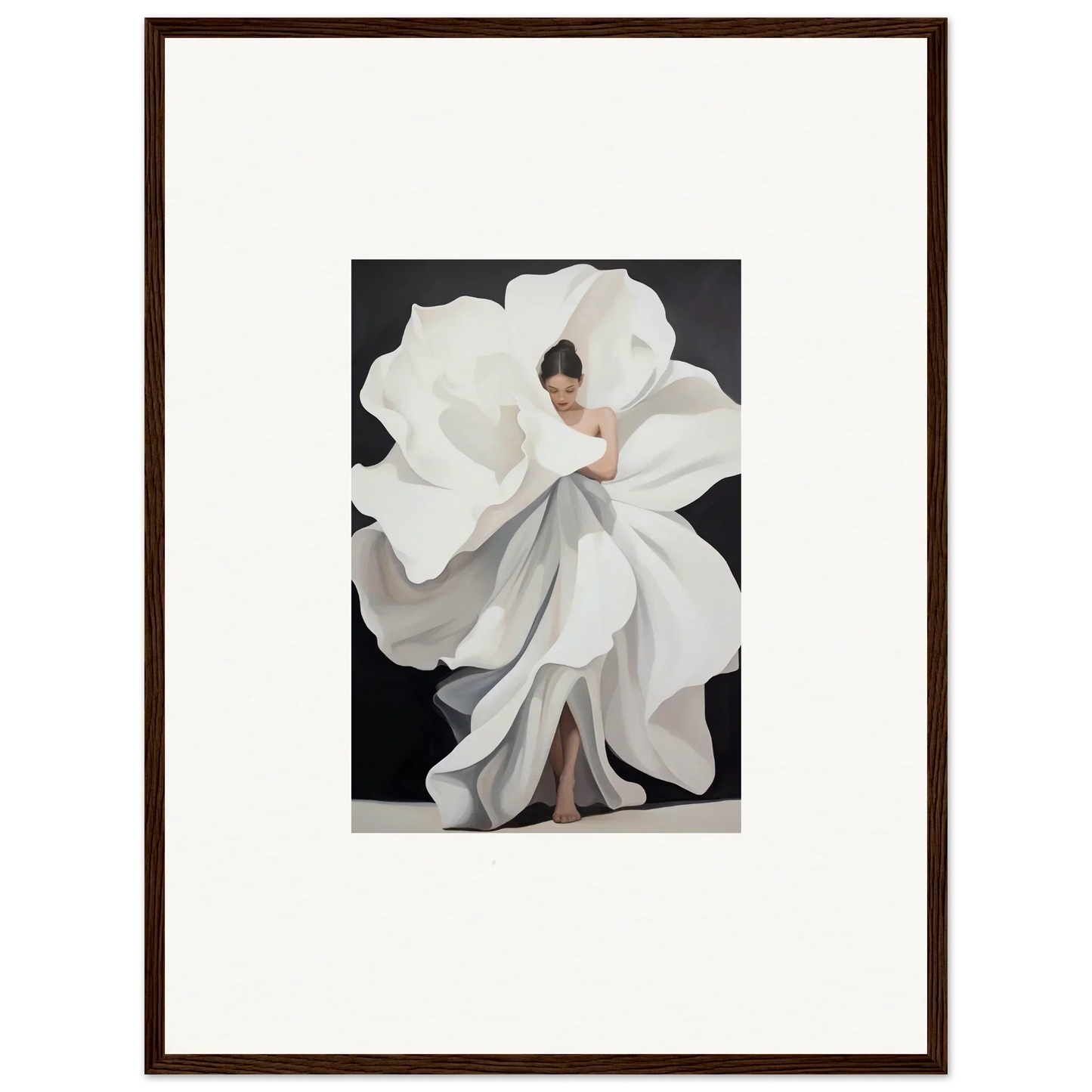 Framed canvas print of a woman in a flowing dress, perfect for room decoration with petal whispers