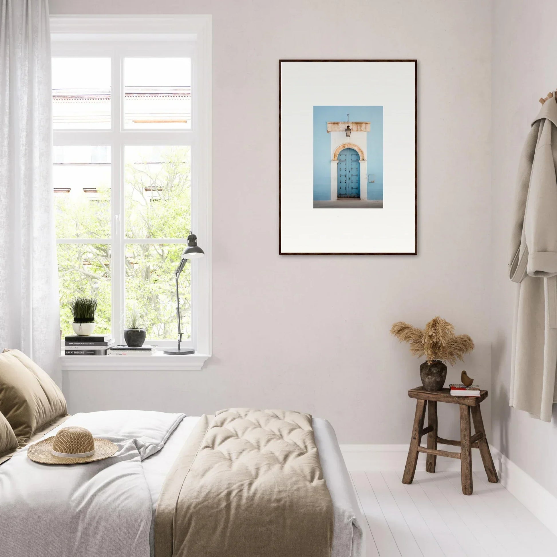 Bright minimalist bedroom with Ethereal Portals Imagined artwork on wall