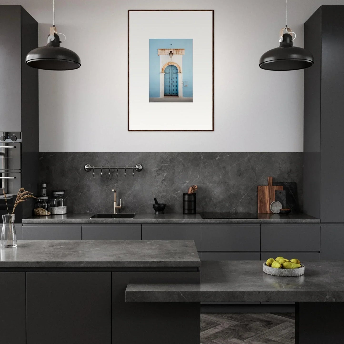 Modern dark gray kitchen featuring industrial lights and Ethereal Portals Imagined art