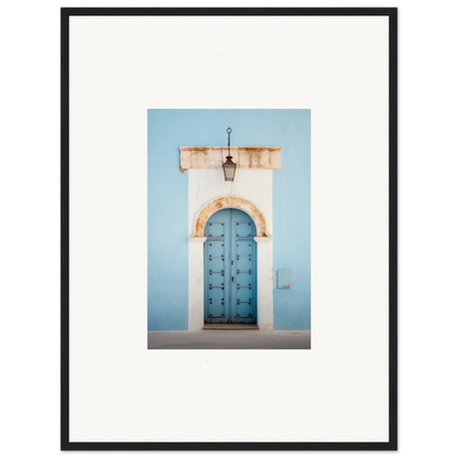 Ornate blue wooden door with metal studs under stone arch in Ethereal Portals Imagined art