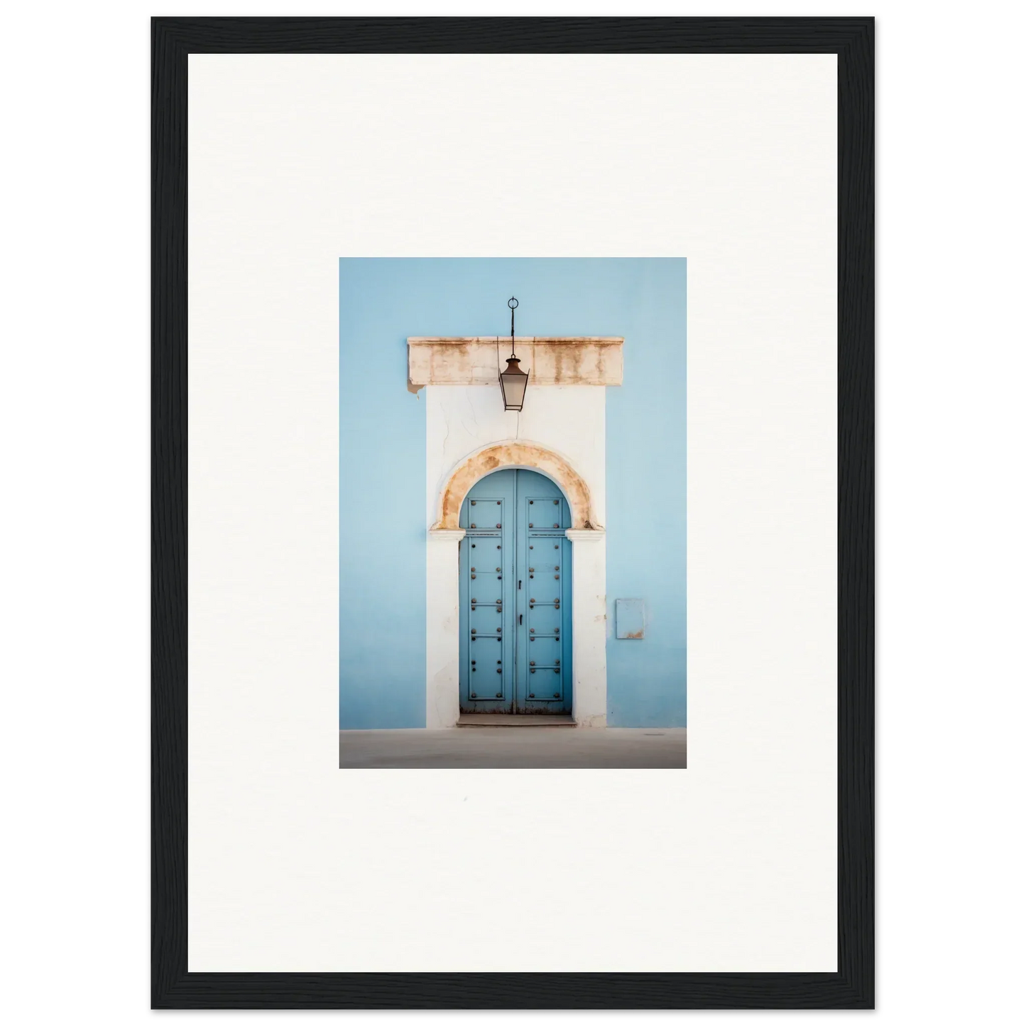 Ornate blue wooden door with metal studs in a white stone archway from Ethereal Portals Imagined