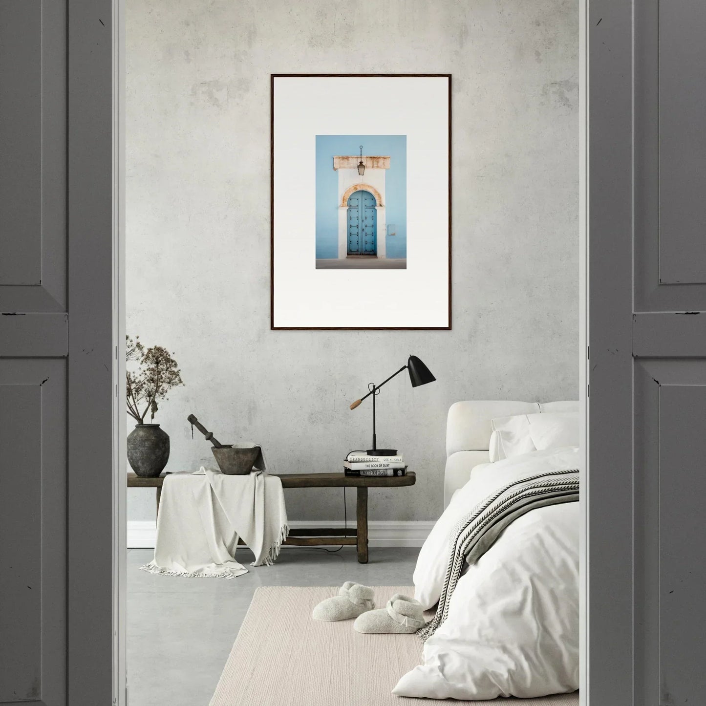 Framed photograph of a blue door on gray wall from Ethereal Portals Imagined special edition art™