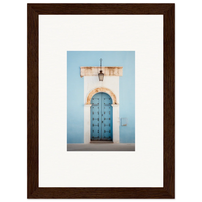 Ornate blue wooden door with metal studs in a white stone arch from Ethereal Portals Imagined