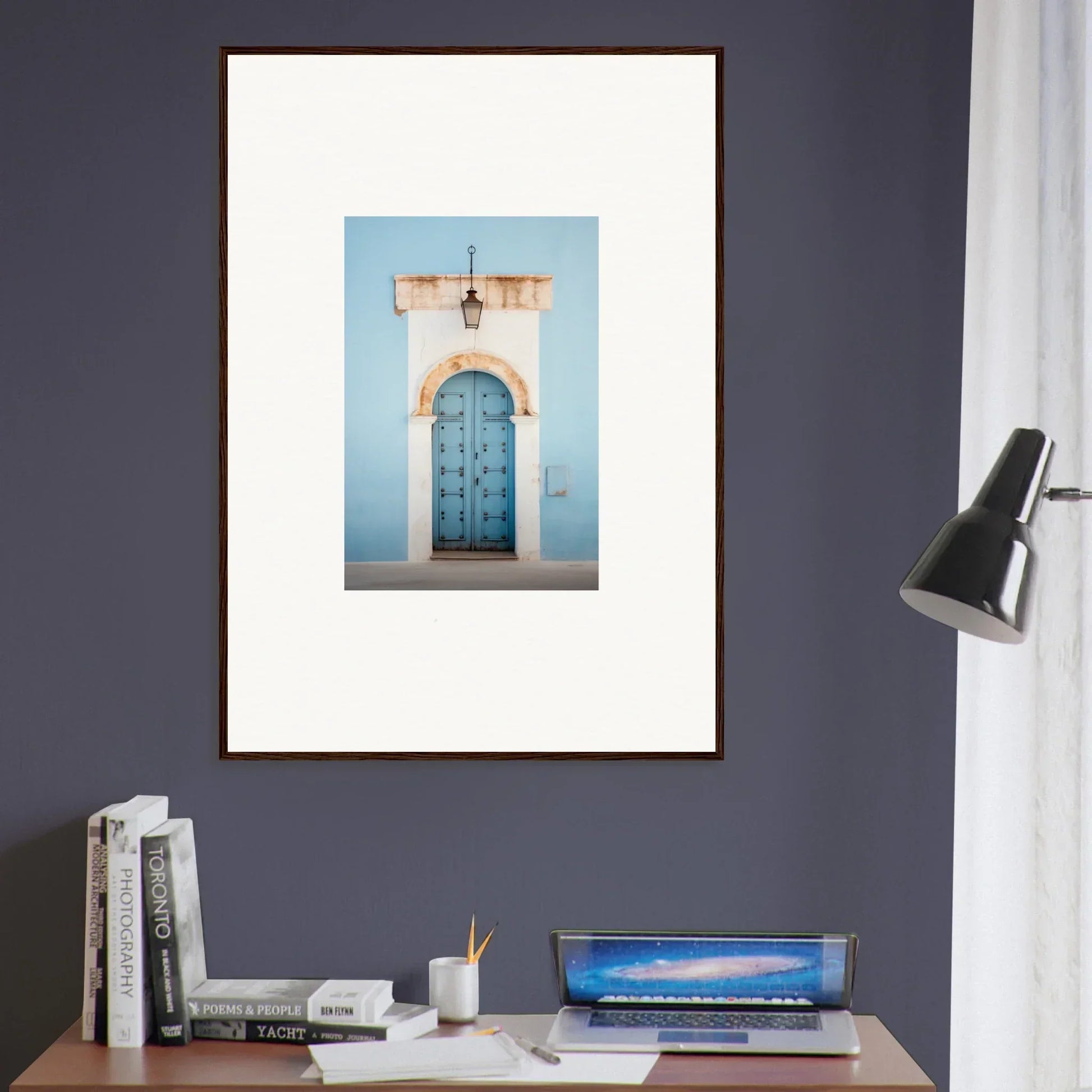 Framed art print of a blue Mediterranean door from Ethereal Portals Imagined collection