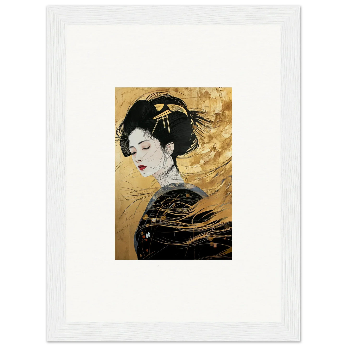 Japanese portrait in black kimono on gold, part of Ethereal Quantum Dreams special edition art™