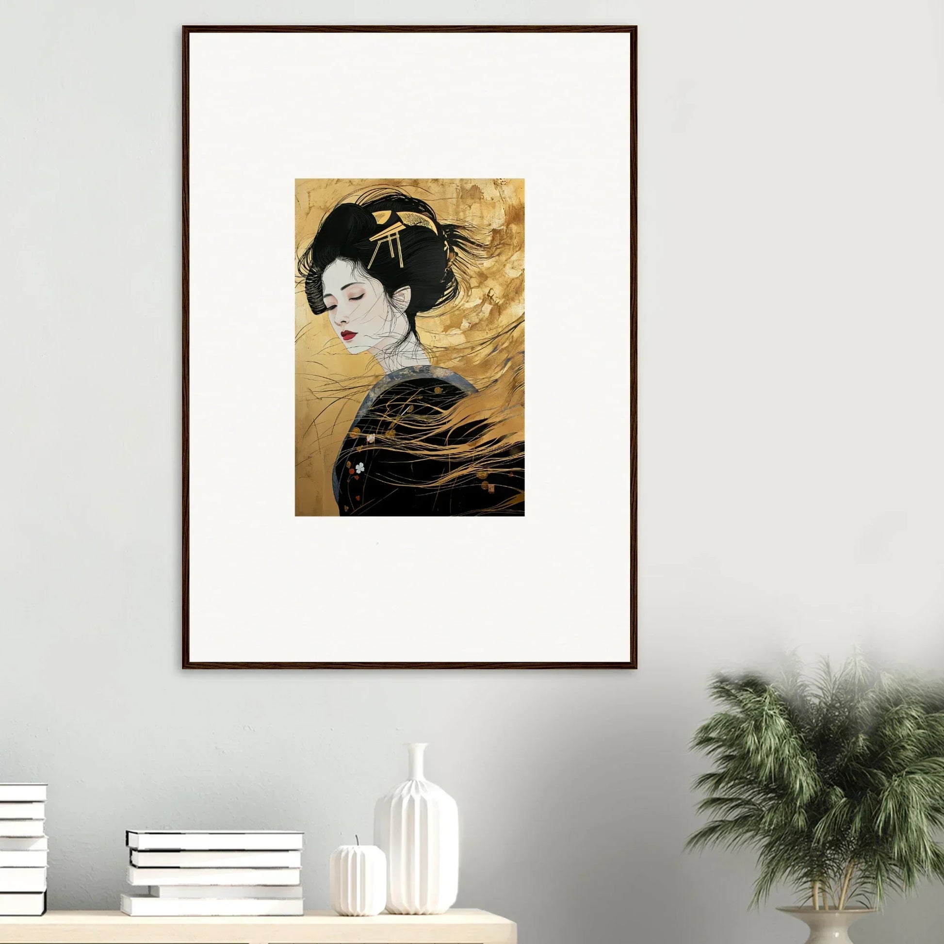 Framed Japanese geisha artwork in black and gold for Ethereal Quantum Dreams collection