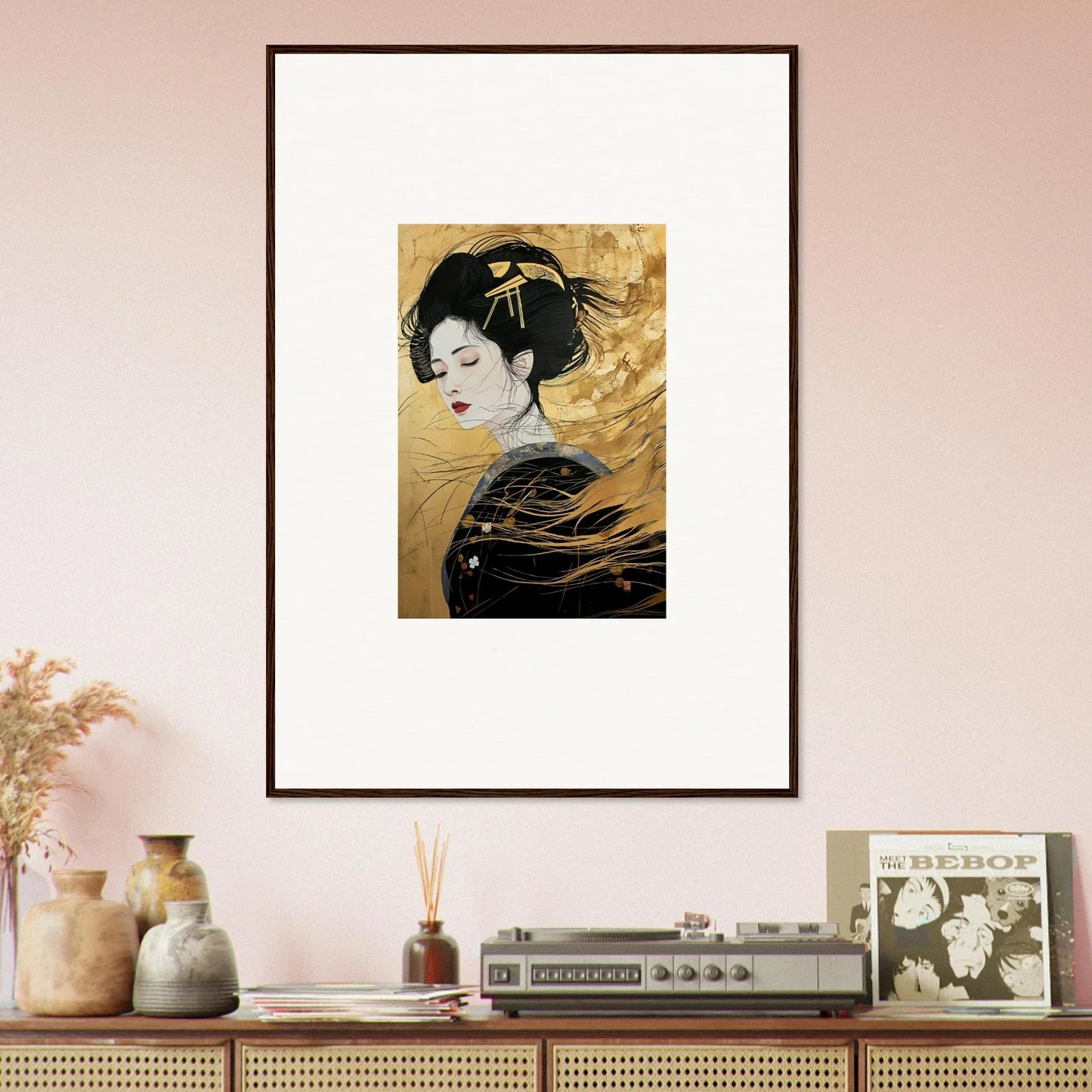 Framed Japanese geisha artwork in black and gold from the Ethereal Quantum Dreams collection