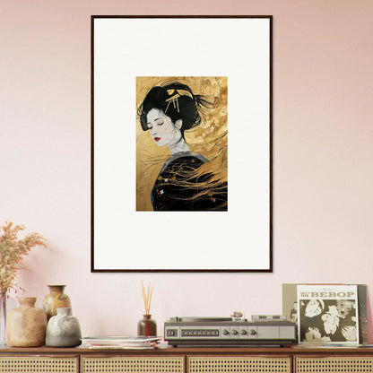 Framed Japanese geisha artwork in black and gold from the Ethereal Quantum Dreams collection