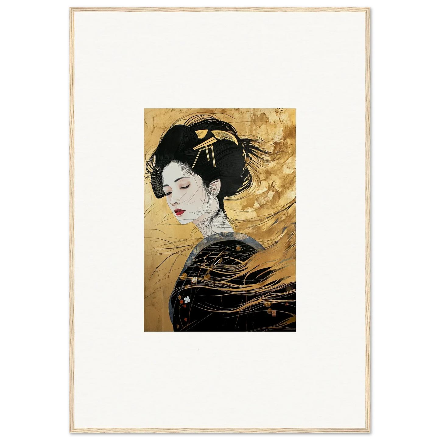 Japanese portrait painting in traditional dress on a gold background for Ethereal Quantum Dreams