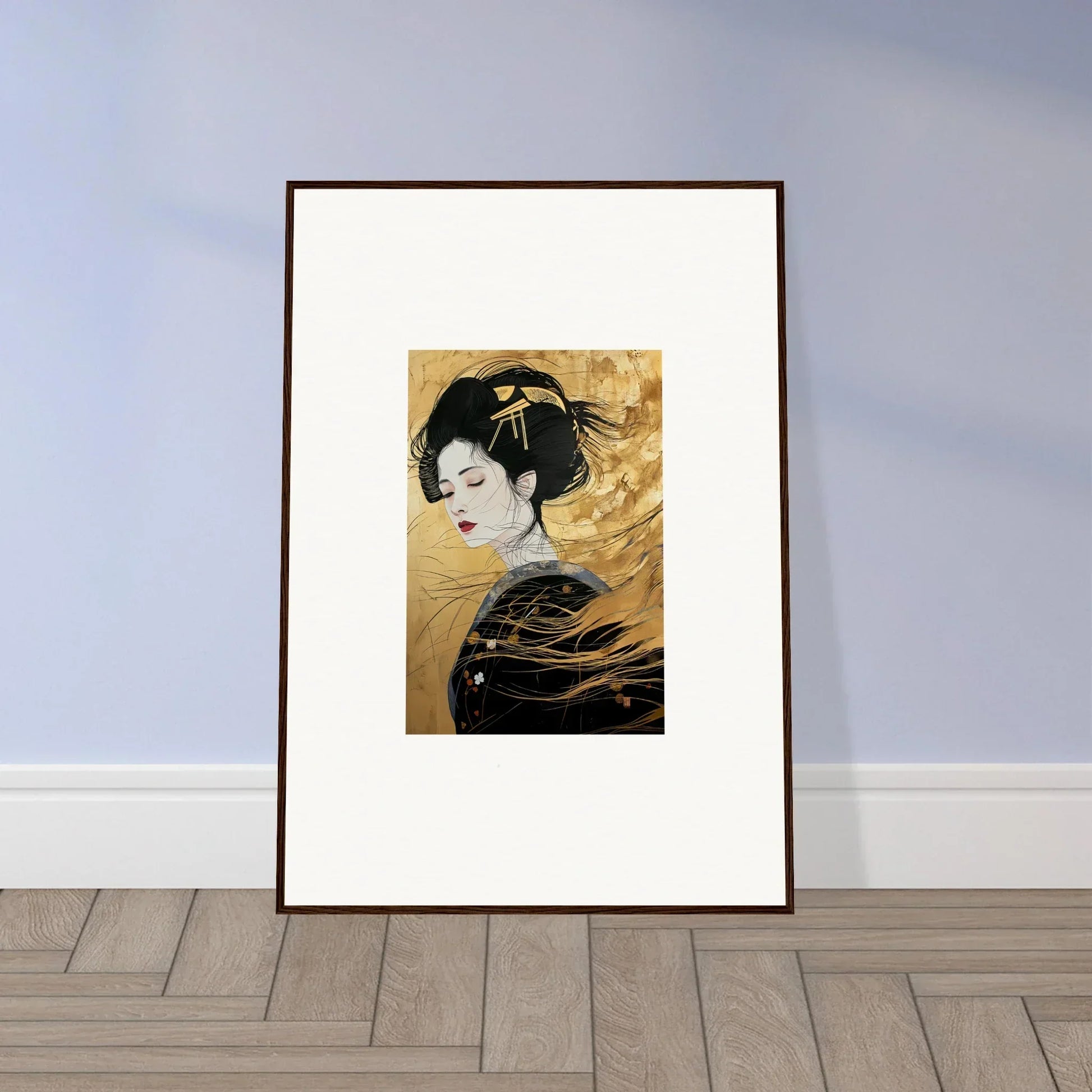 Framed Japanese art print of a geisha with golden background from Ethereal Quantum Dreams