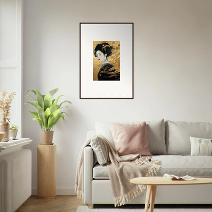 Framed black and gold Japanese design art print from Ethereal Quantum Dreams collection