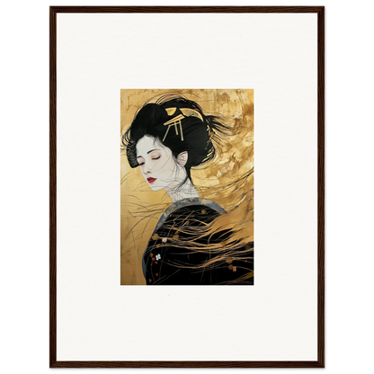 Japanese art print of a geisha in dark kimono, part of Ethereal Quantum Dreams series