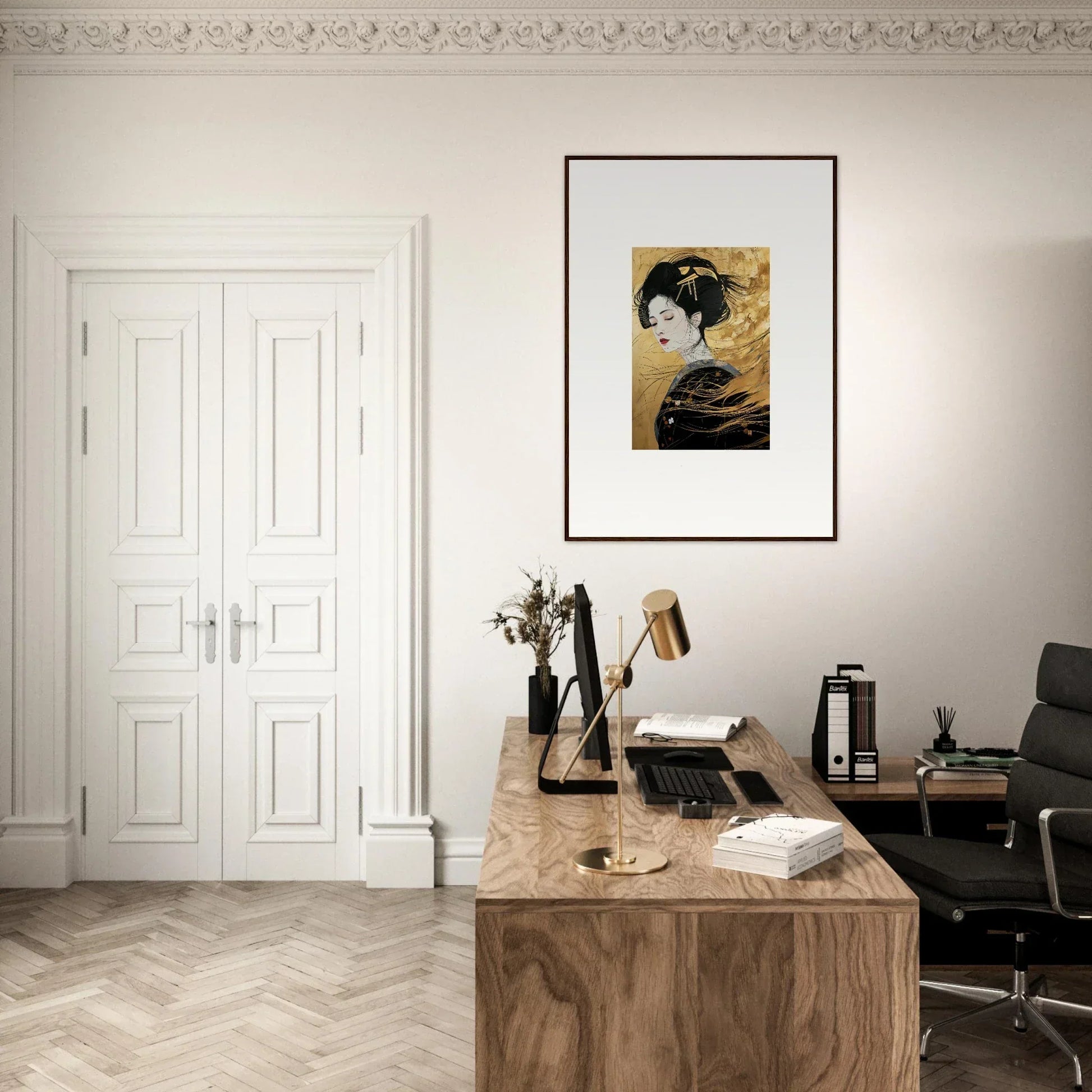 Wooden desk with vintage typewriter and artwork for Ethereal Quantum Dreams vibe