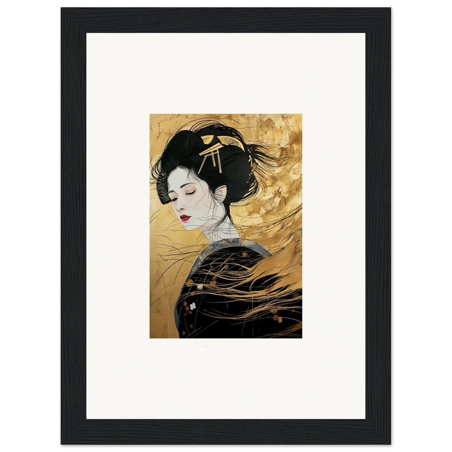 Ethereal Quantum Dreams artwork features a black and gold Japanese geisha in traditional style