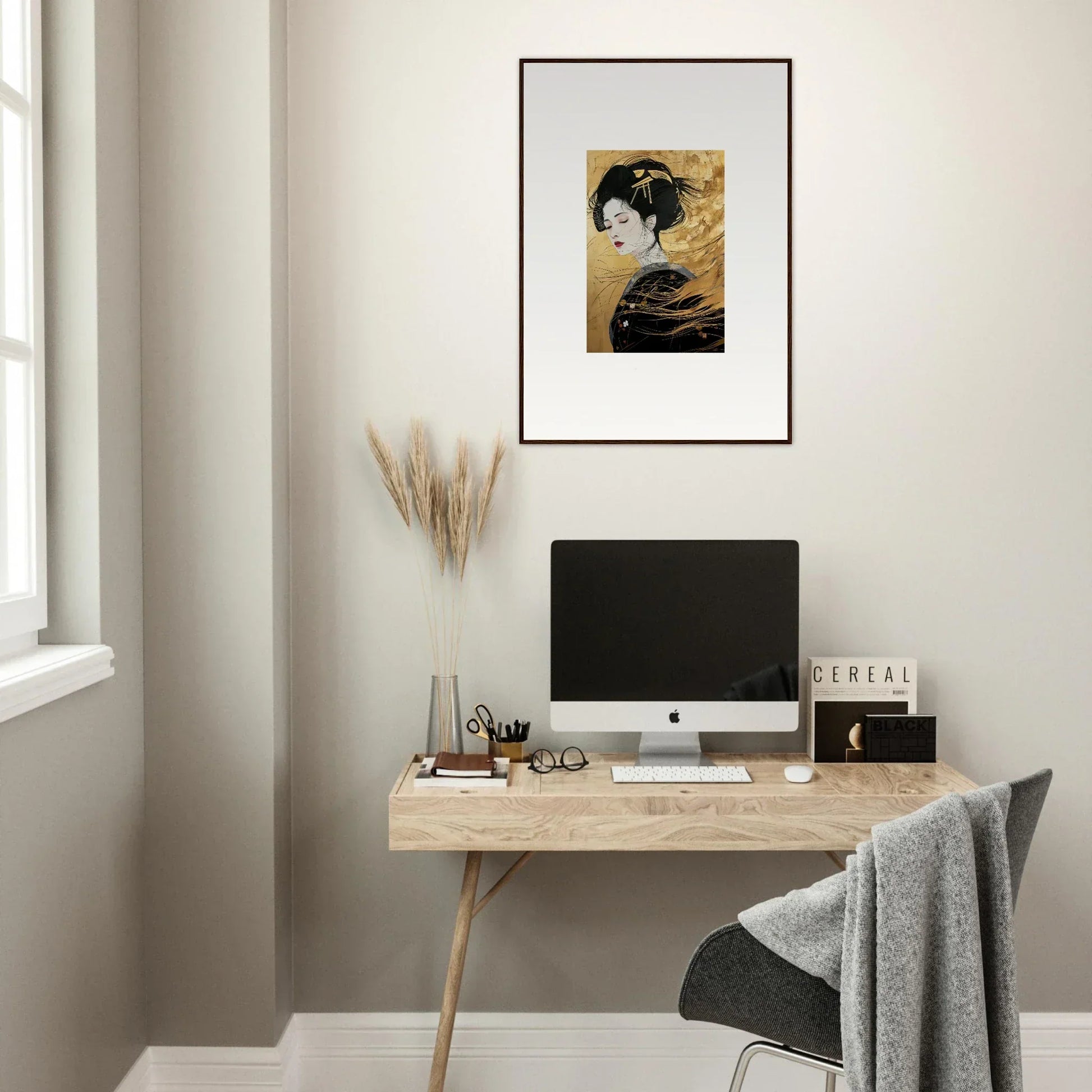 Minimalist home office with wooden desk, iMac, and framed Ethereal Quantum Dreams art