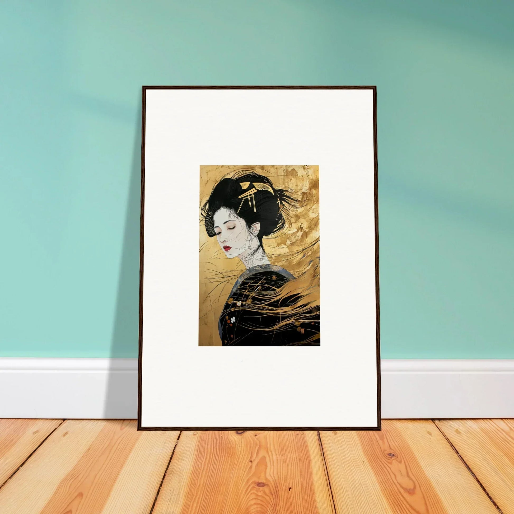 Framed Japanese art print of a geisha on gold, perfect for Ethereal Quantum Dreams