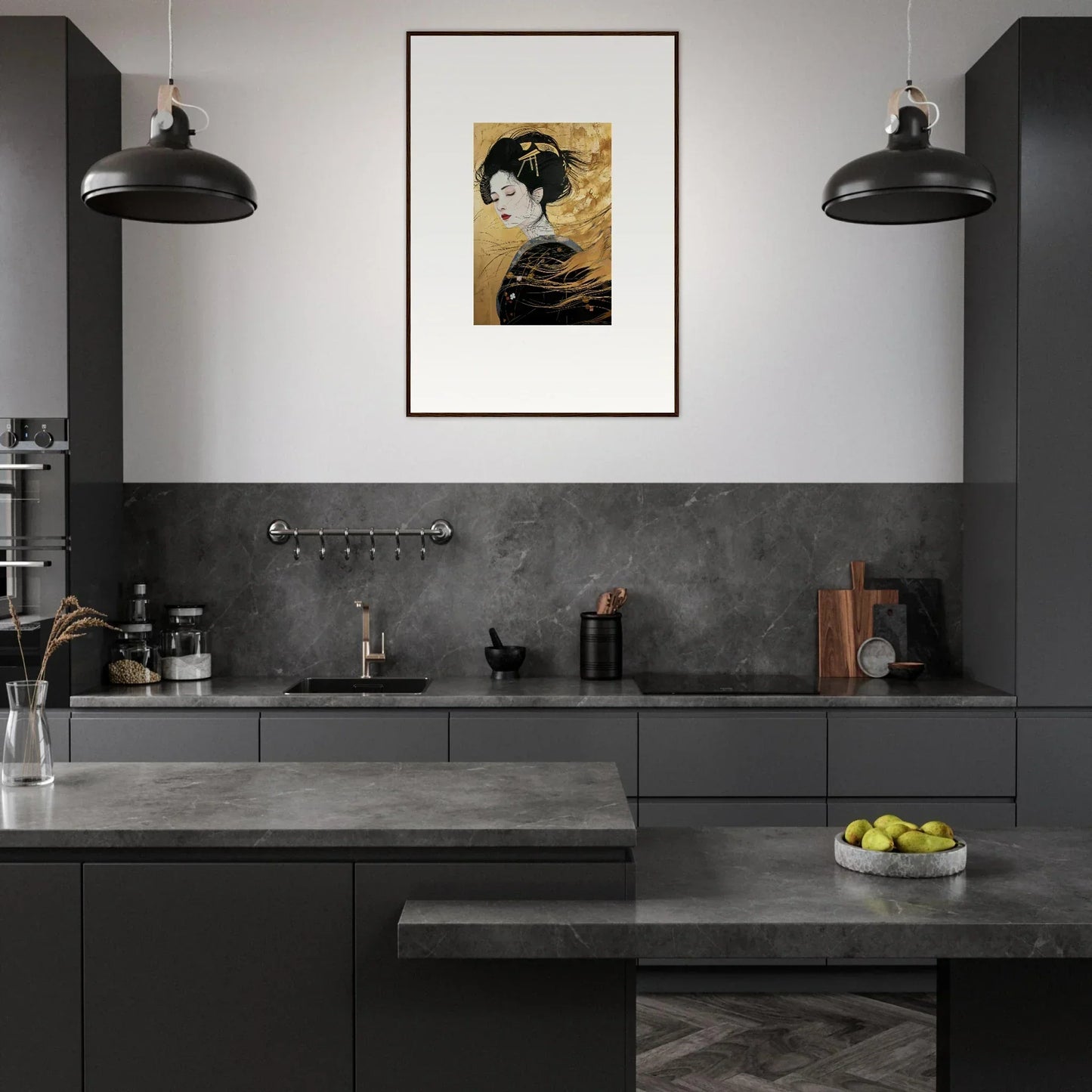 Modern dark gray kitchen with industrial lights and Japanese art in Ethereal Quantum Dreams