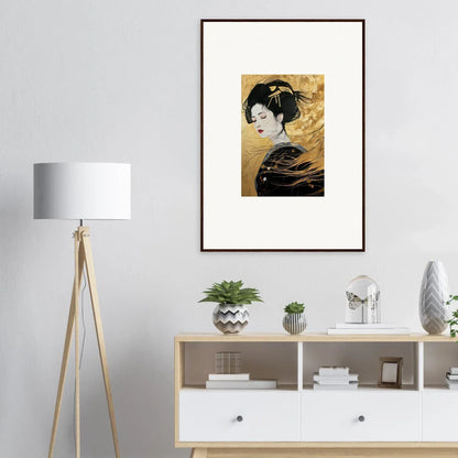 Framed Japanese art print of a geisha on a golden background for Ethereal Quantum Dreams