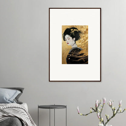 Framed Japanese geisha art print with golden background, Ethereal Quantum Dreams special edition