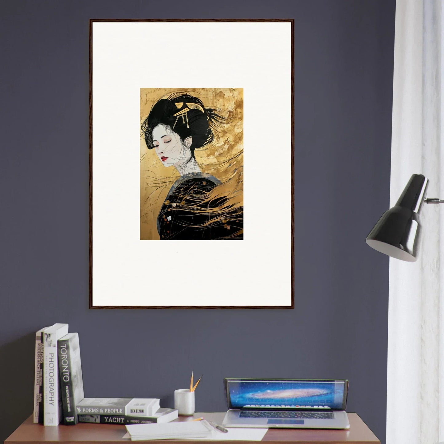 Framed Japanese Geisha art in dark kimono and gold background from Ethereal Quantum Dreams