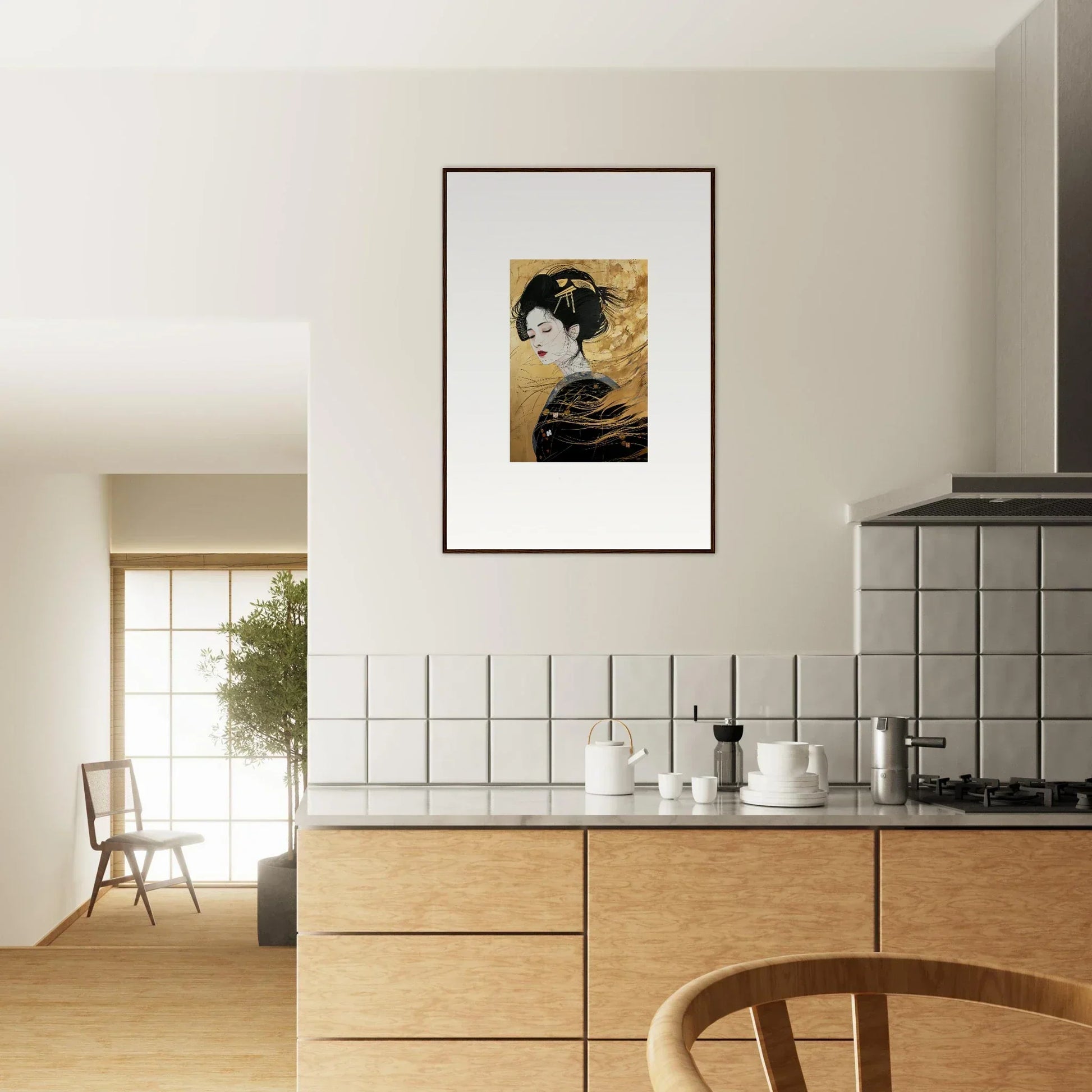 Framed Japanese woodblock print art on a white wall, Ethereal Quantum Dreams special edition