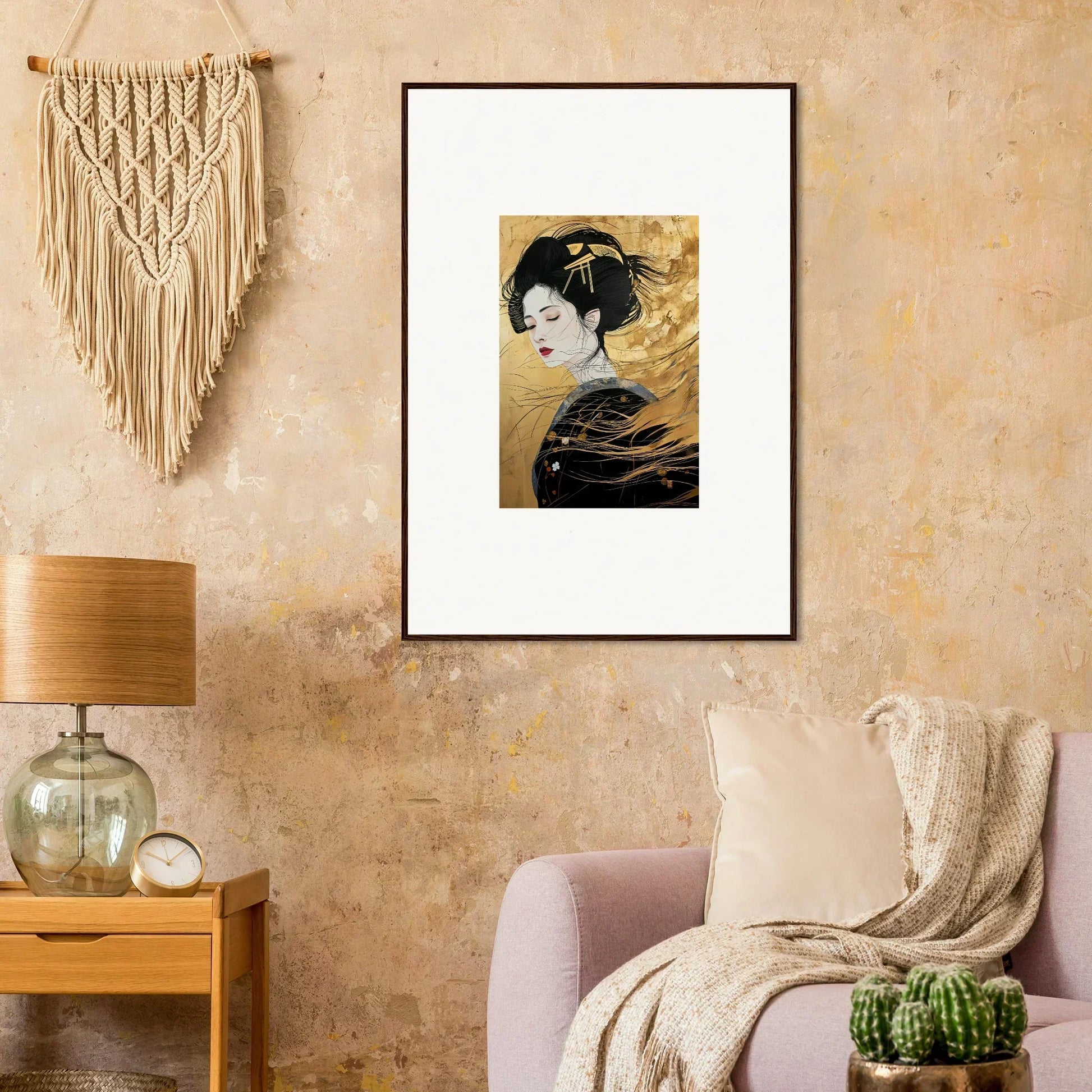 Framed Japanese geisha art print in golden background from Ethereal Quantum Dreams collection