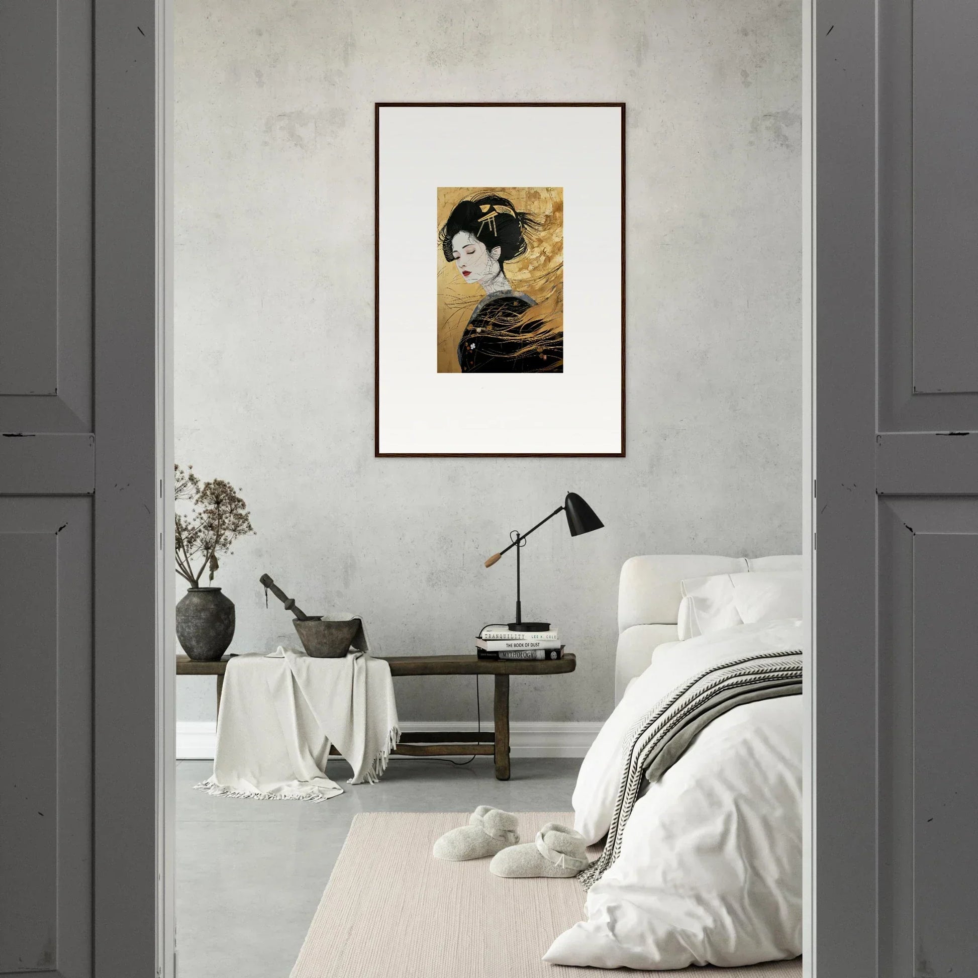 Framed Japanese geisha artwork on a gray wall for Ethereal Quantum Dreams special edition art™