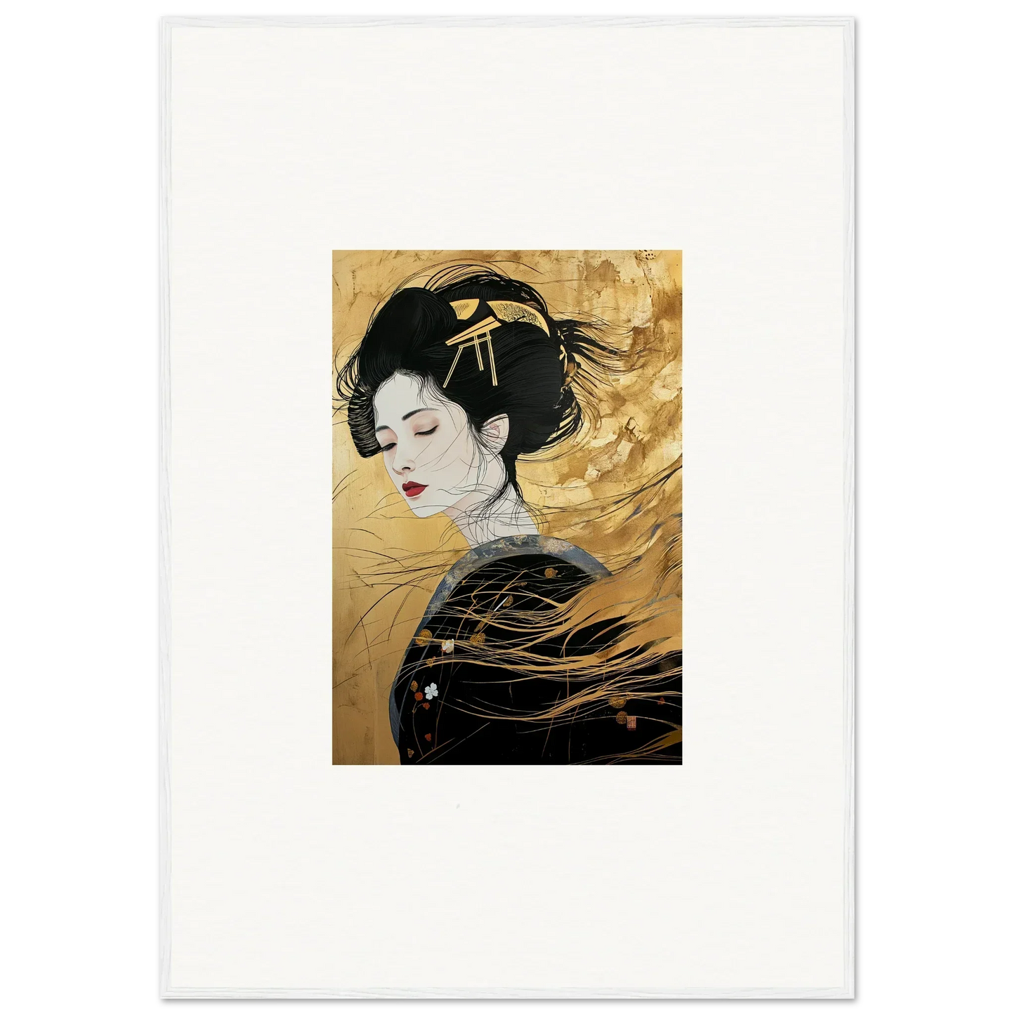 Japanese Geisha portrait in black and gold from Ethereal Quantum Dreams collection