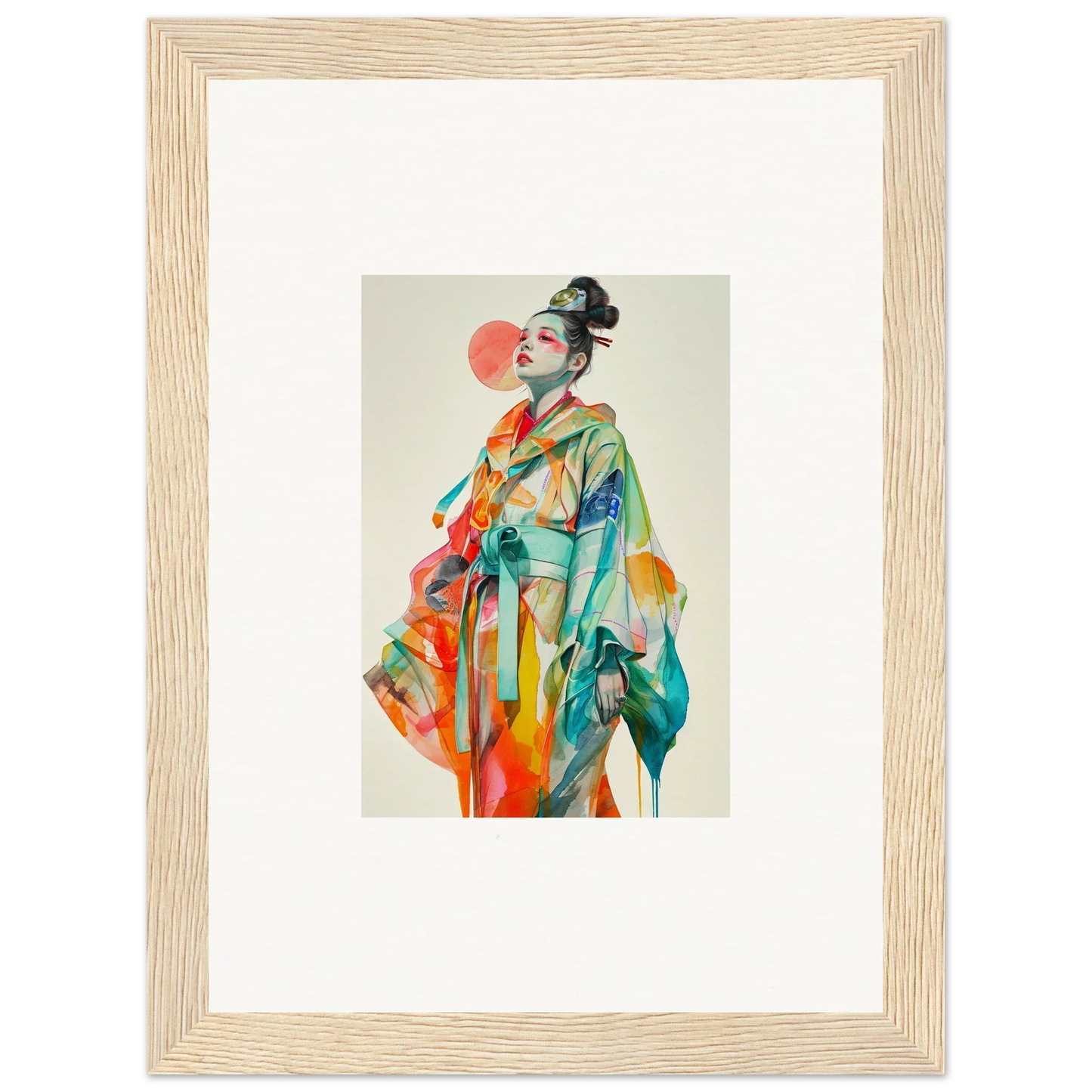 Framed canvas print of a colorful geisha for vibrant room decoration and rainbow essence